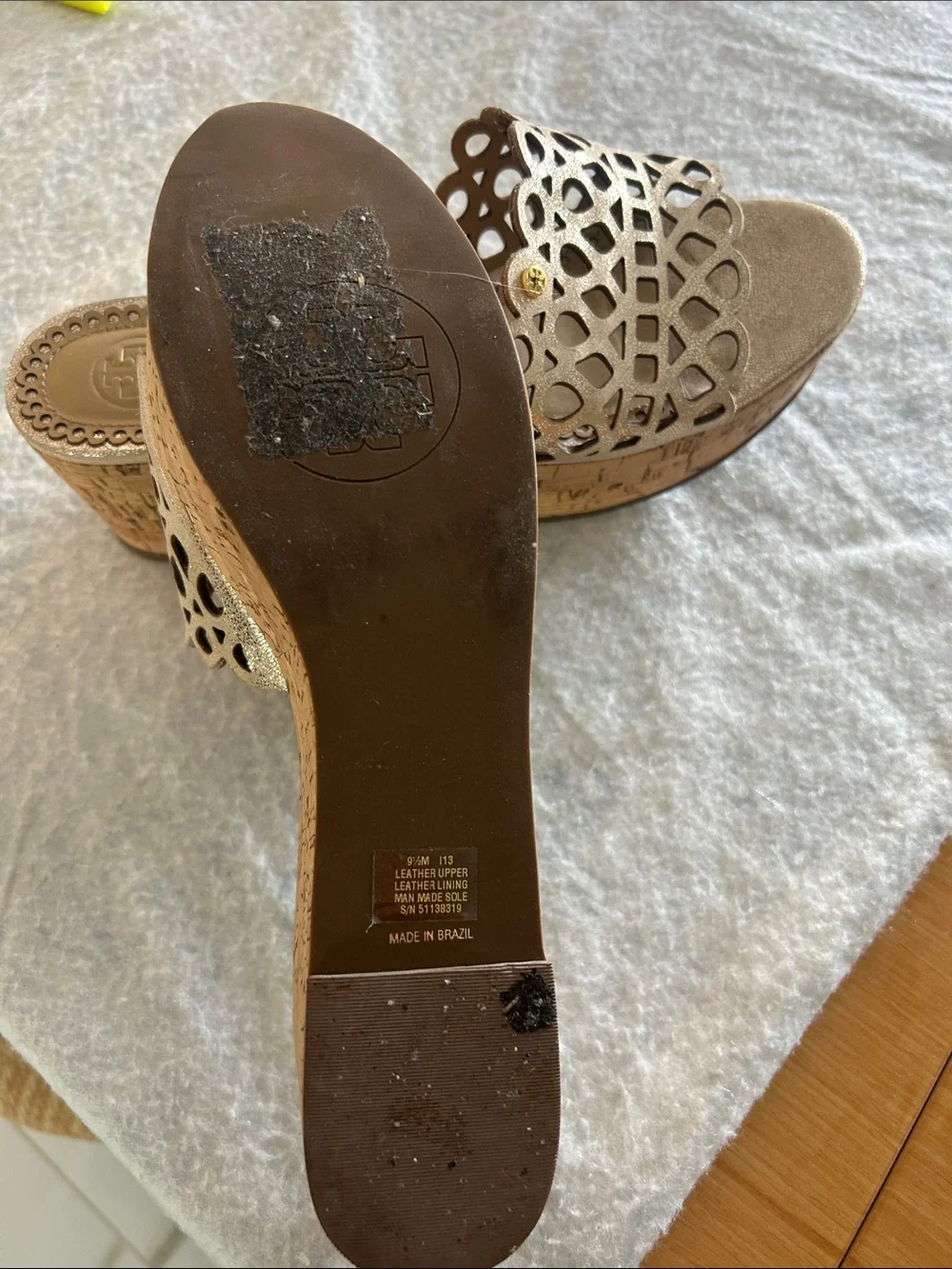 Tory Burch Champagne Laser-Cut Cork Wedge Slides